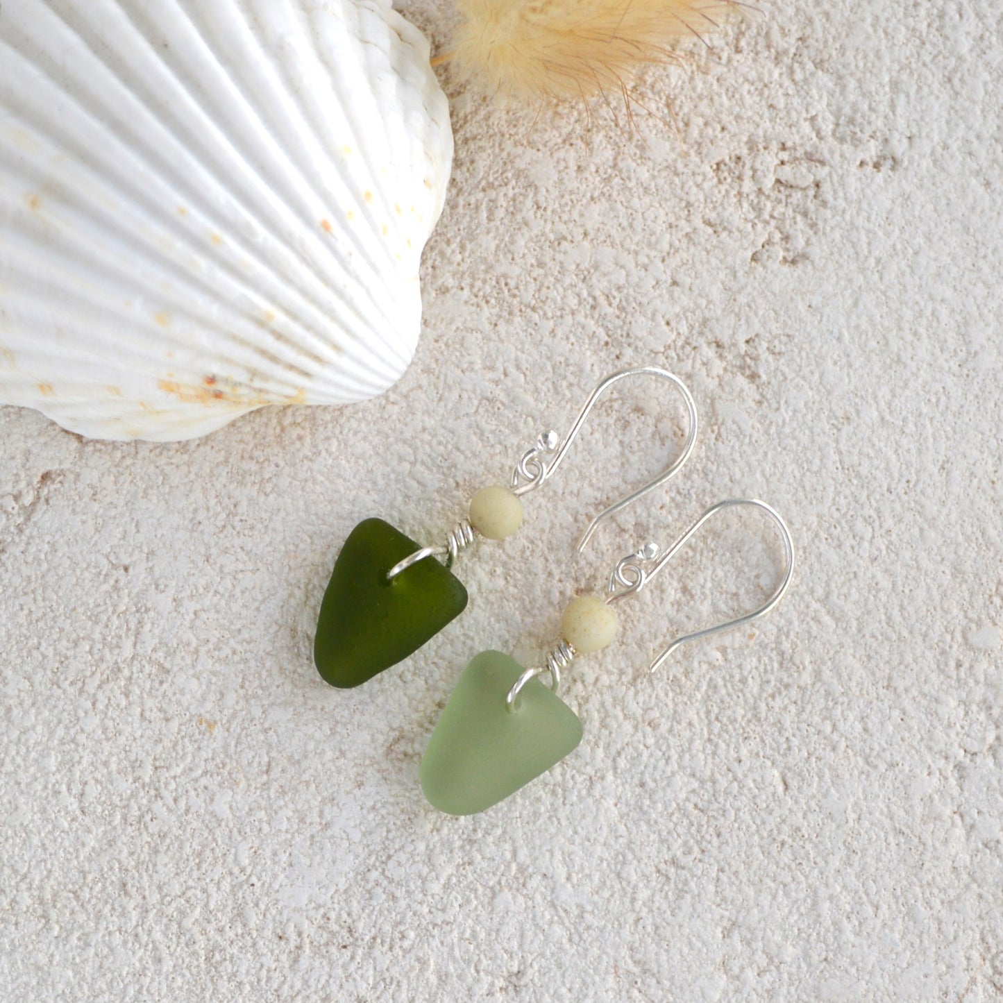 Mismatch Green Triangle Sea Glass Earrings