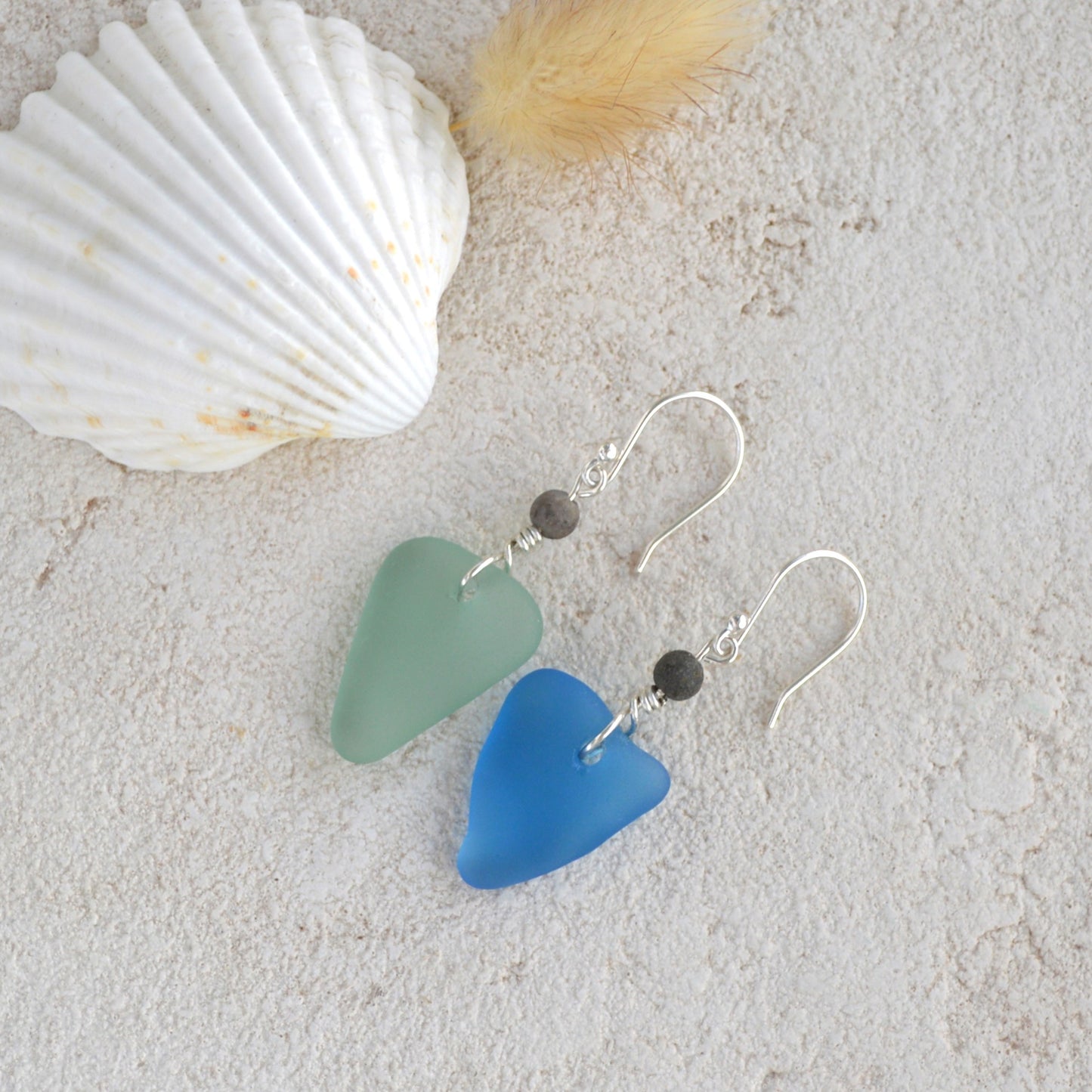 Mismatch Green & Blue Triangle Sea Glass Earrings