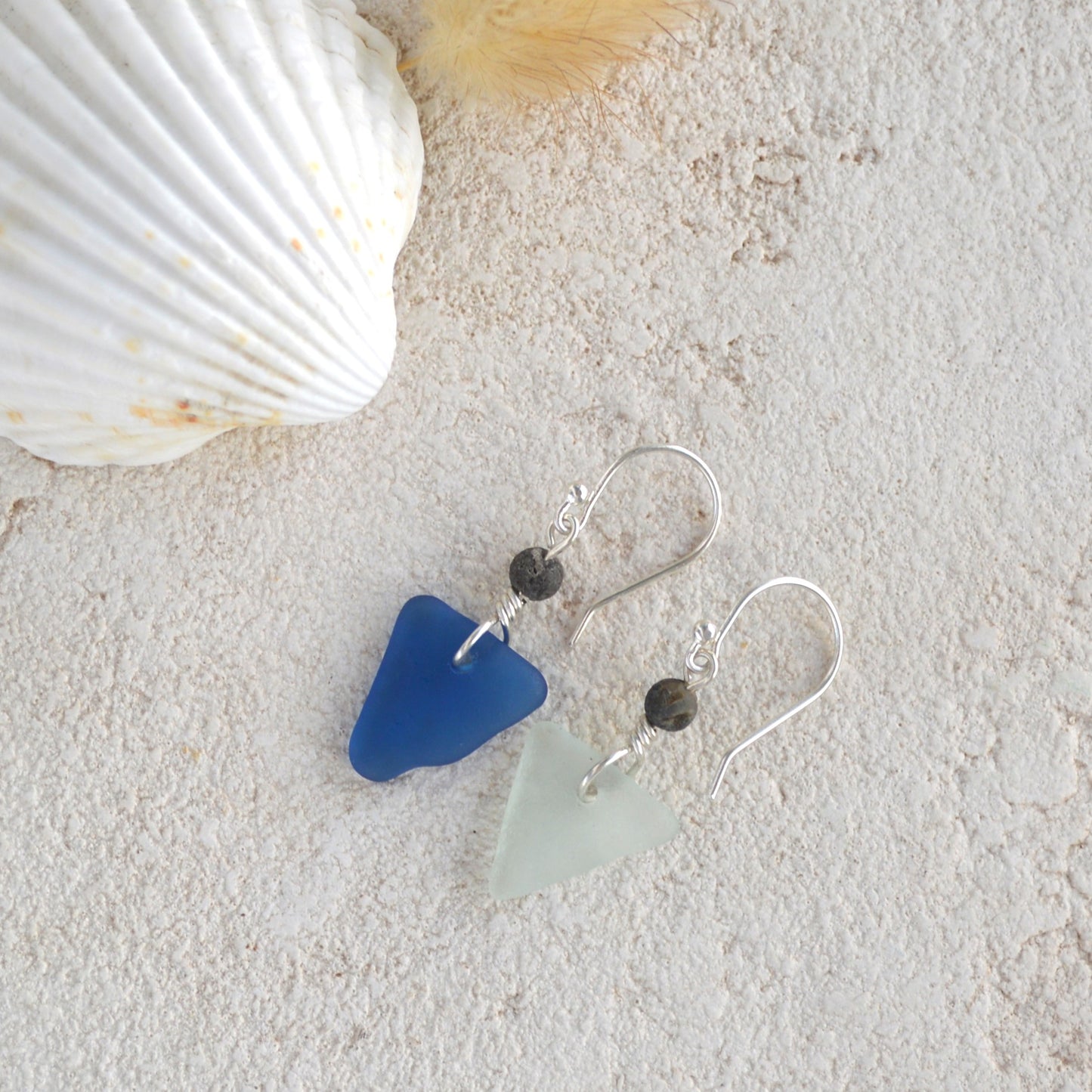 Mismatch Blue and Gray Triangle Sea Glass Earrings