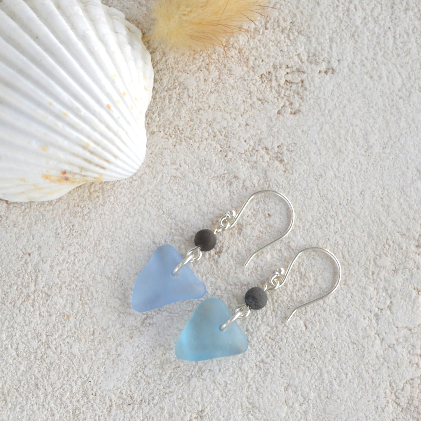Pastel Blue Triangle Sea Glass Dangle Earrings