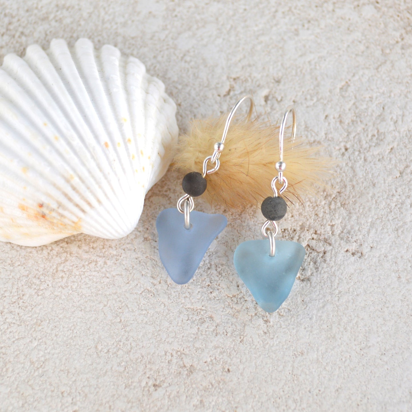 Pastel Blue Triangle Sea Glass Dangle Earrings