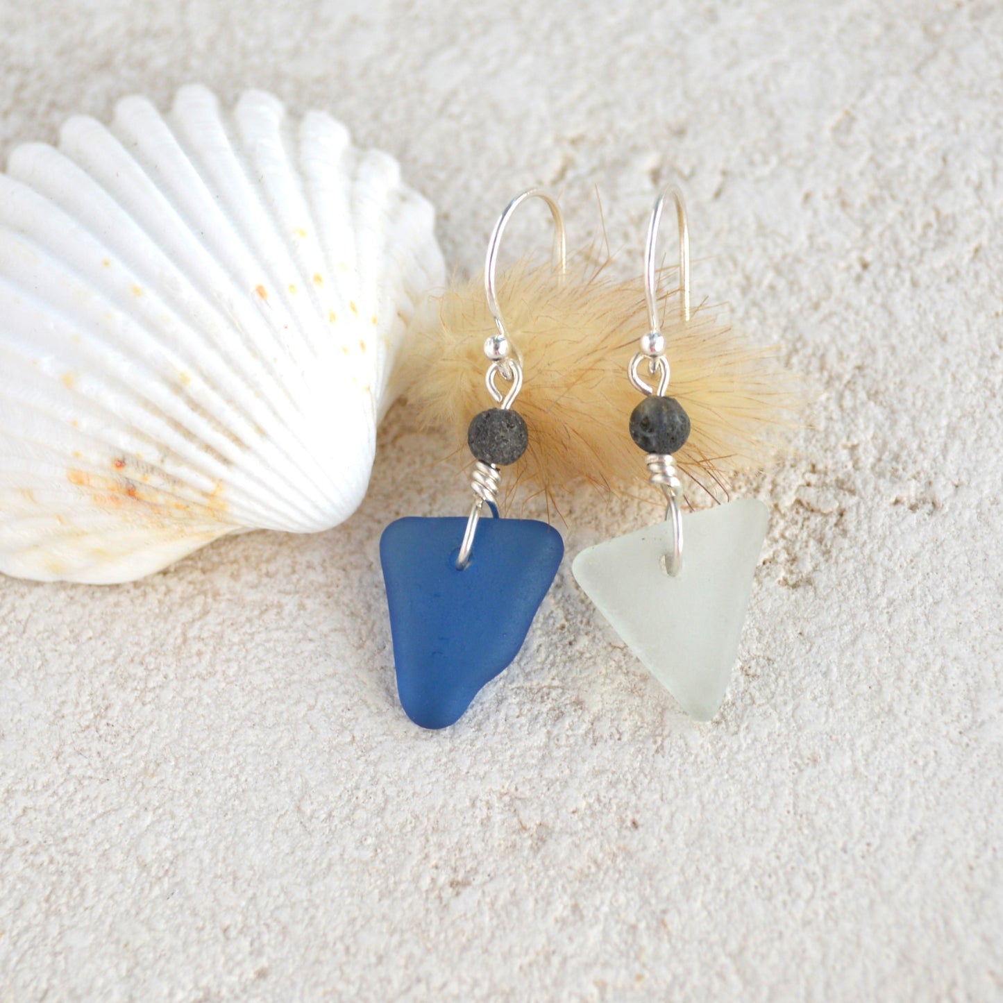 Mismatch Blue and Gray Triangle Sea Glass Earrings