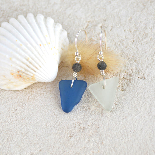 Mismatch Blue and Gray Triangle Sea Glass Earrings