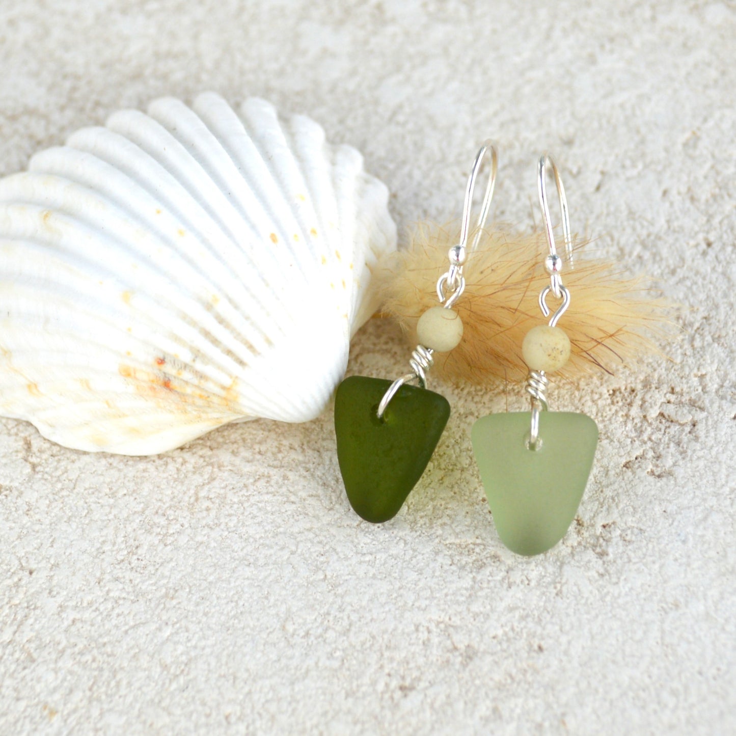 Mismatch Green Triangle Sea Glass Earrings