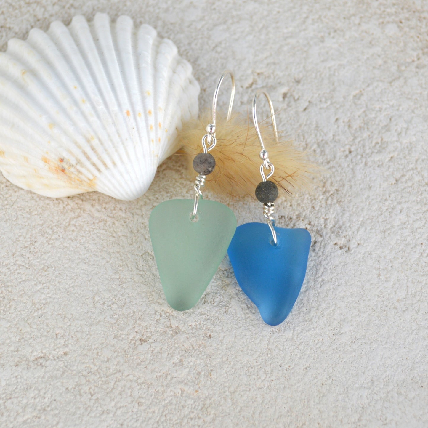 Mismatch Green & Blue Triangle Sea Glass Earrings