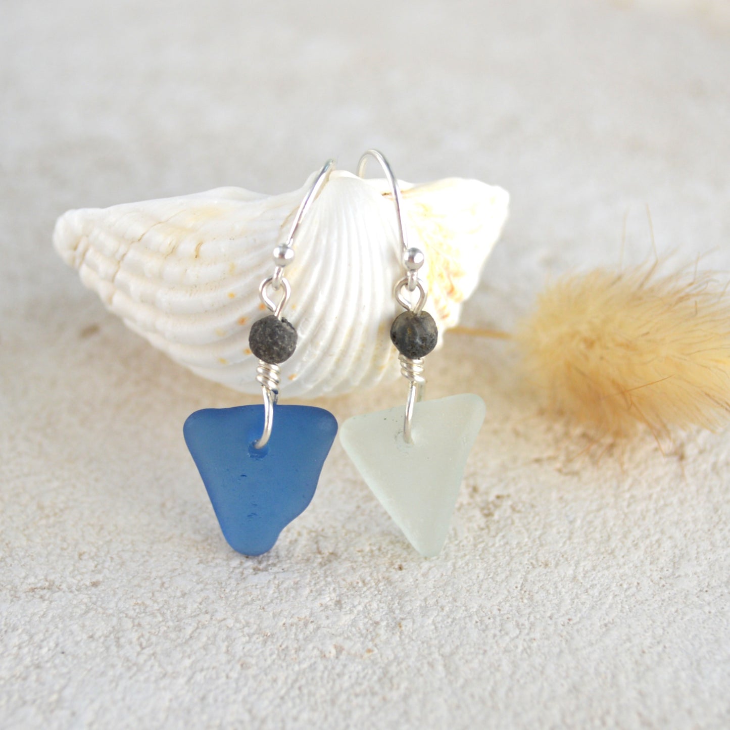 Mismatch Blue and Gray Triangle Sea Glass Earrings