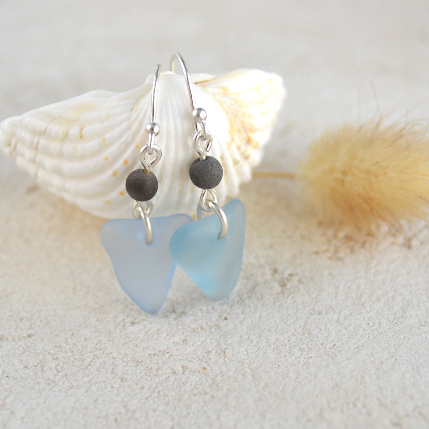 Pastel Blue Triangle Sea Glass Dangle Earrings