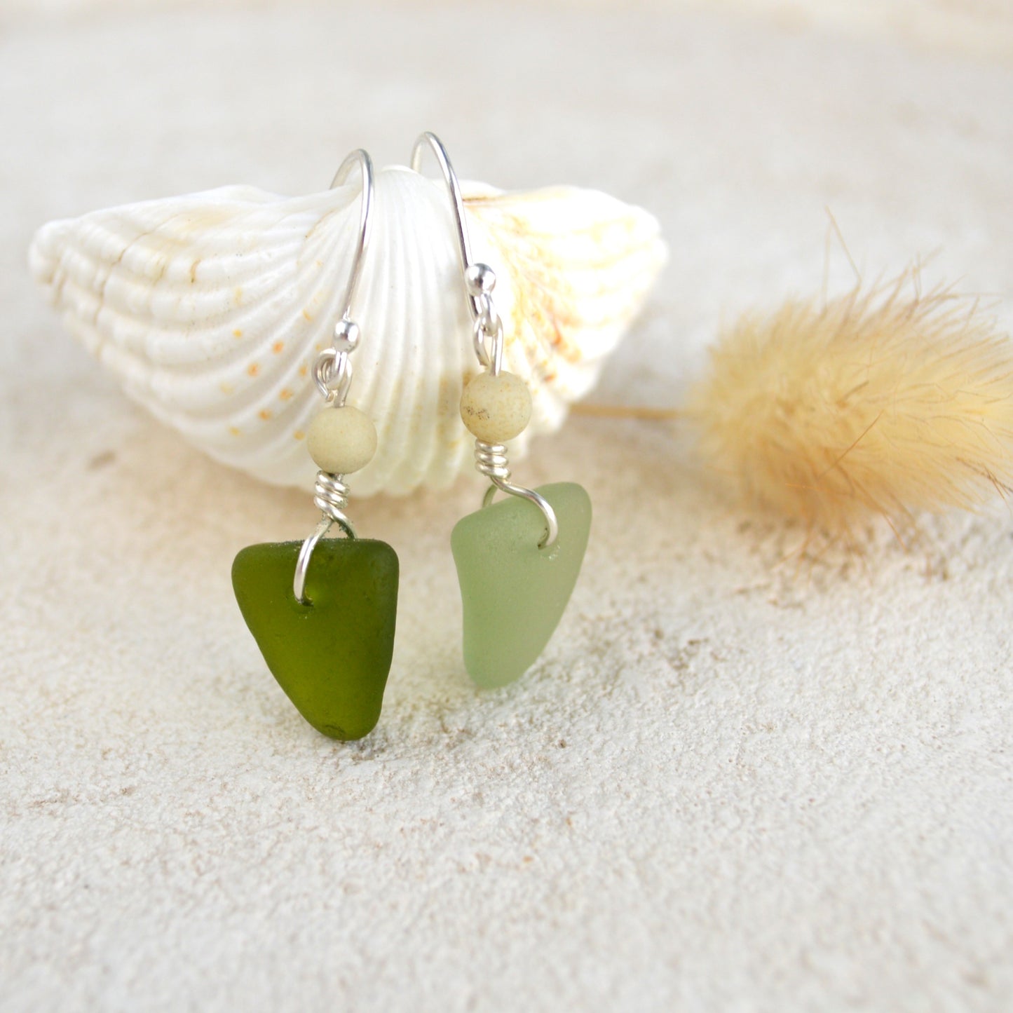 Mismatch Green Triangle Sea Glass Earrings