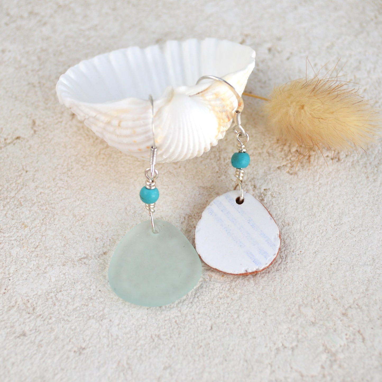Mismatch Sea Glass & Pottery Boho Earrings