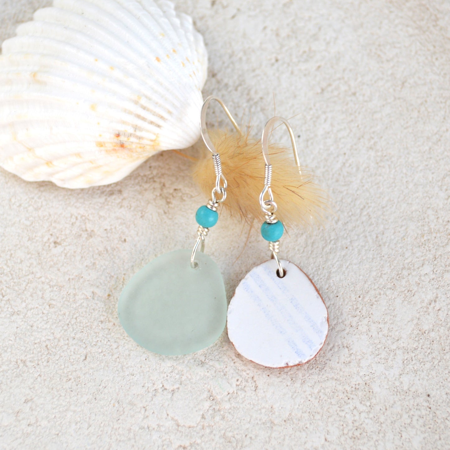 Mismatch Sea Glass & Pottery Boho Earrings