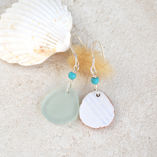 Mismatch Sea Glass & Pottery Boho Earrings
