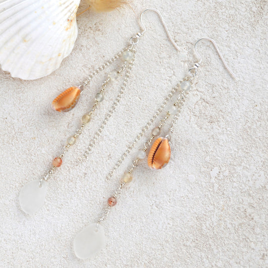 Hawaiian Cowrie Shell & Spanish Sea Glass Dangle Earrings