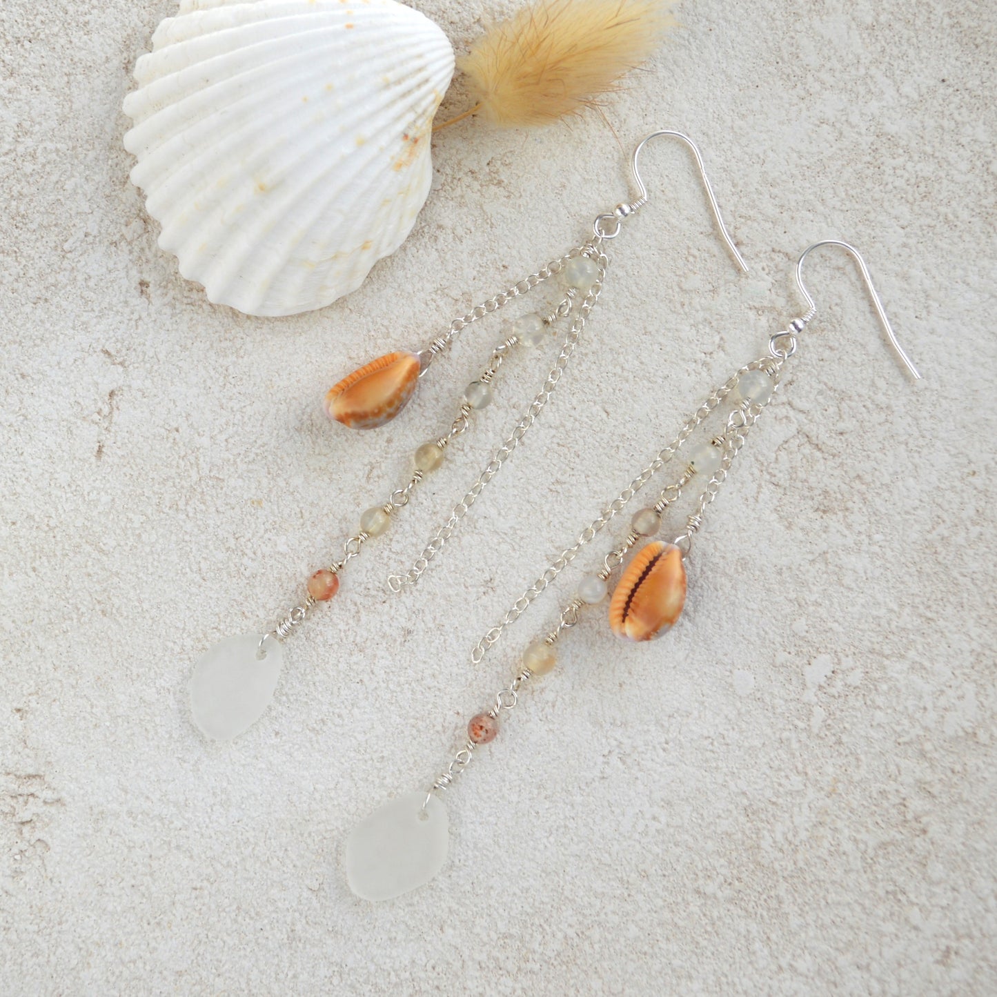 Hawaiian Cowrie Shell & Spanish Sea Glass Dangle Earrings