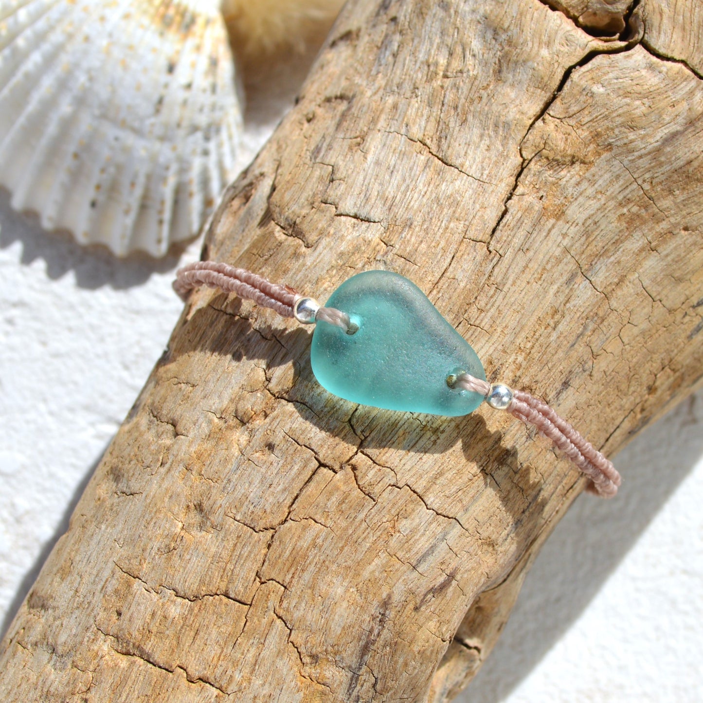Teal Sea Glass & Sterling Silver Macrame Bracelet