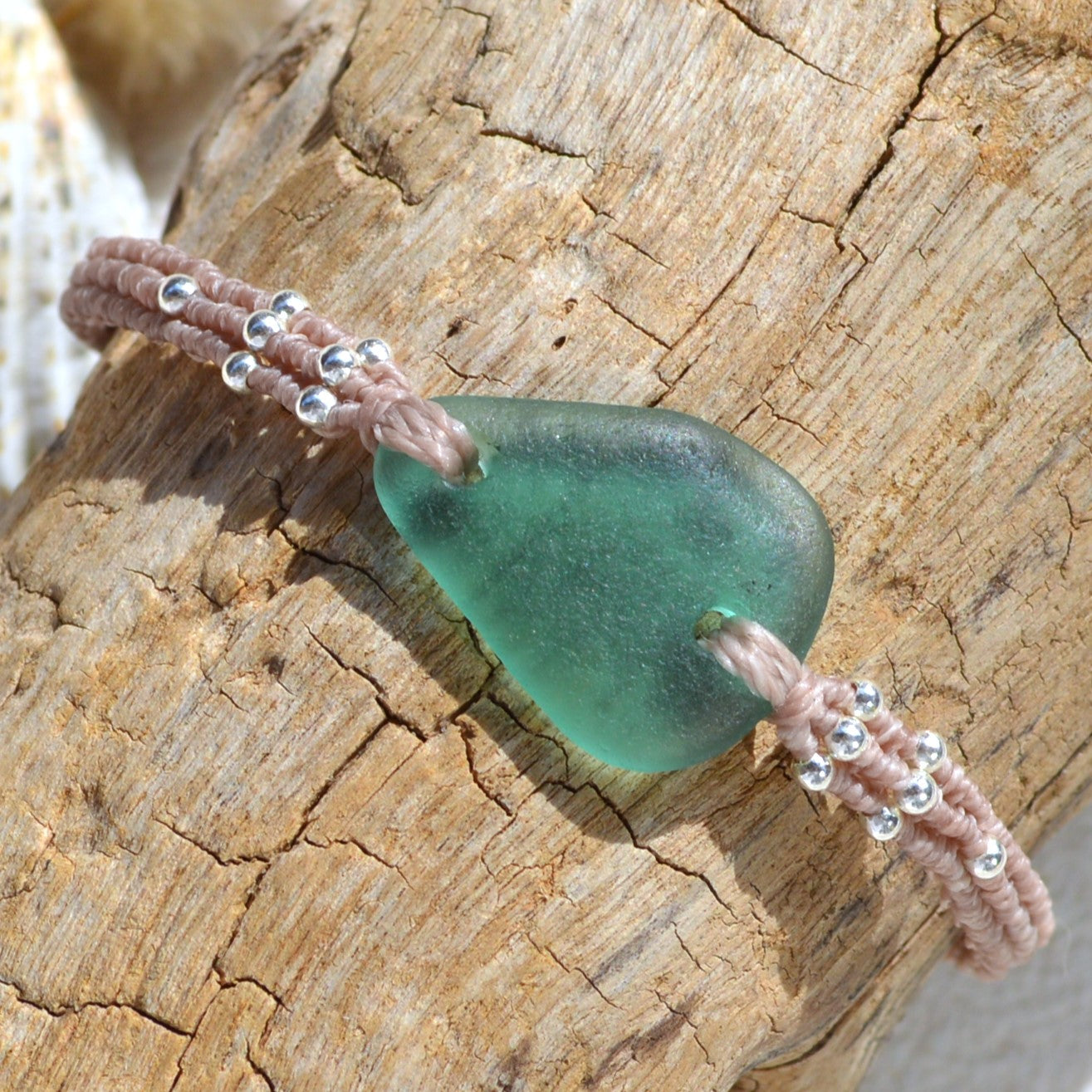 Teal Sea Glass & Sterling Silver Macrame Bracelet