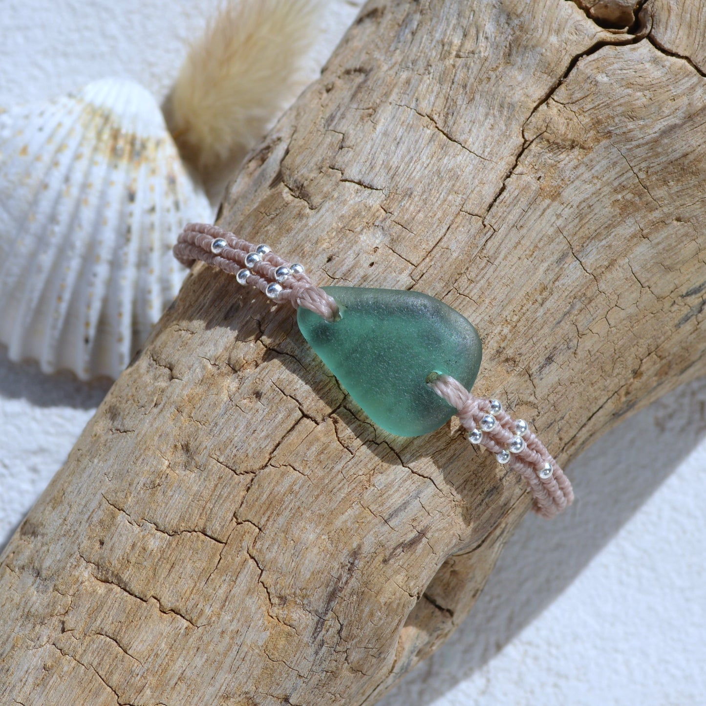 Teal Sea Glass & Sterling Silver Macrame Bracelet