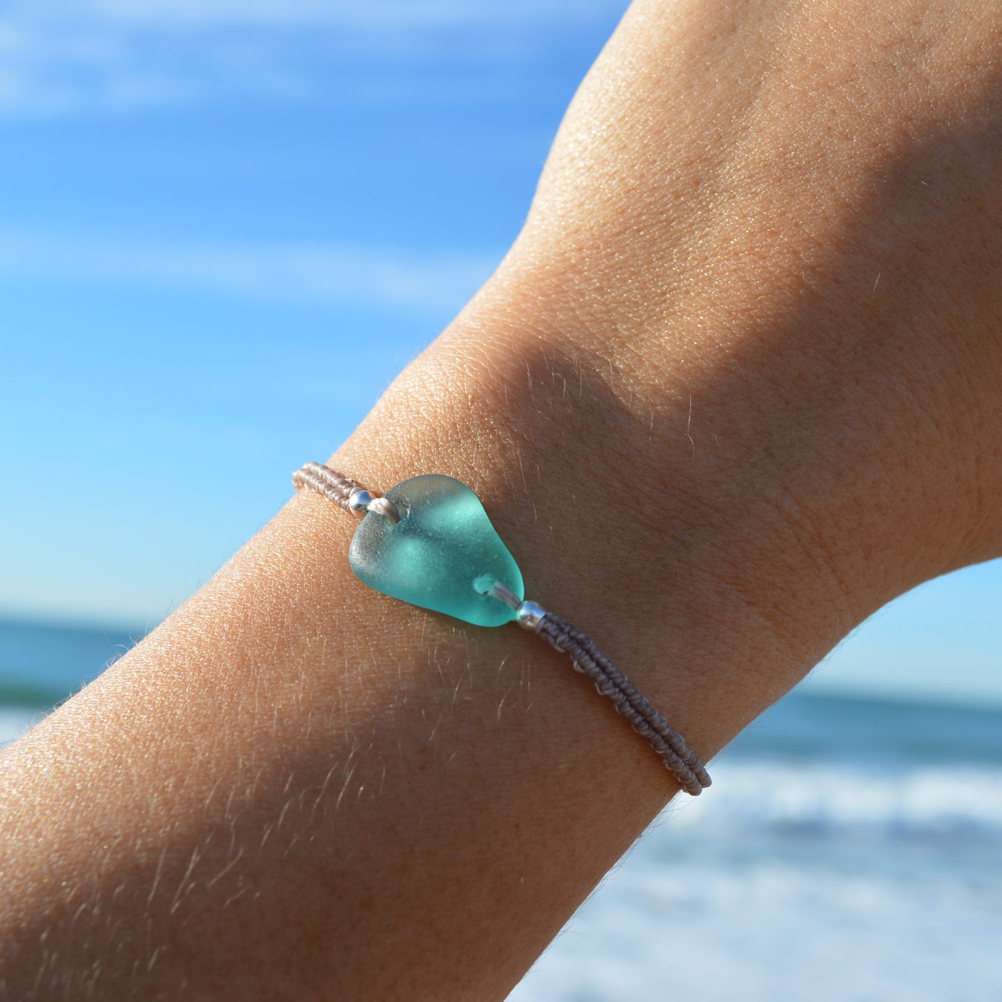 Teal Sea Glass & Sterling Silver Macrame Bracelet