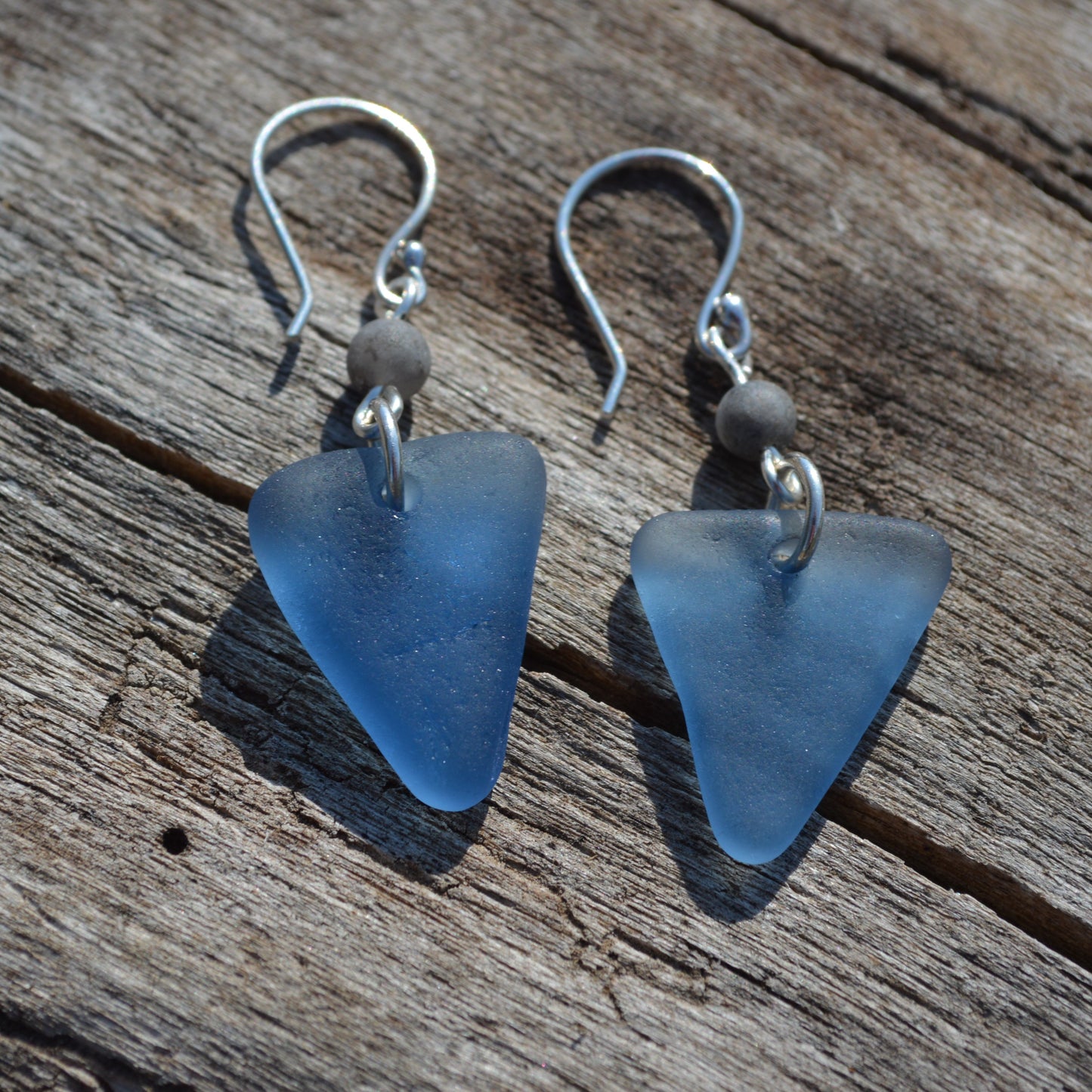 Blue Triangle Sea Glass Dangle Earrings