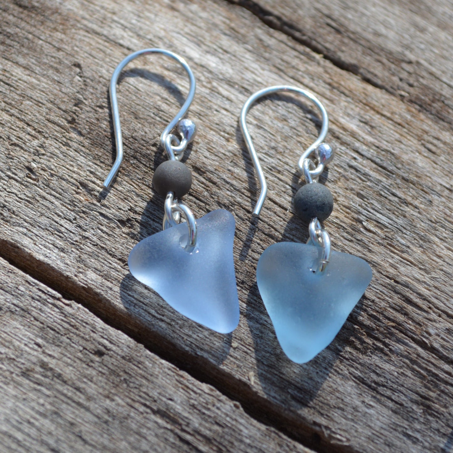 Pastel Blue Triangle Sea Glass Dangle Earrings