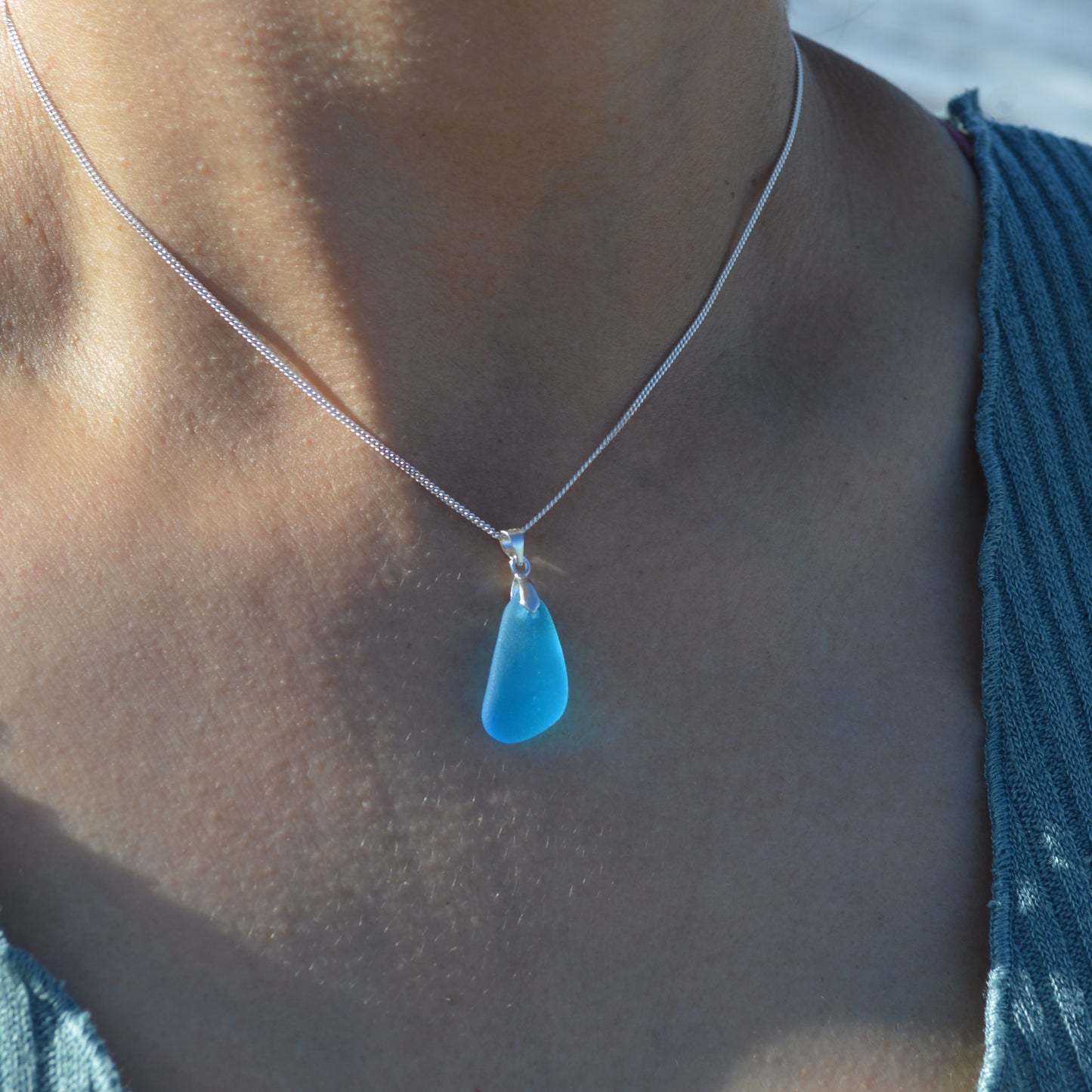 Aquamarine Sea Glass Pendant Necklace