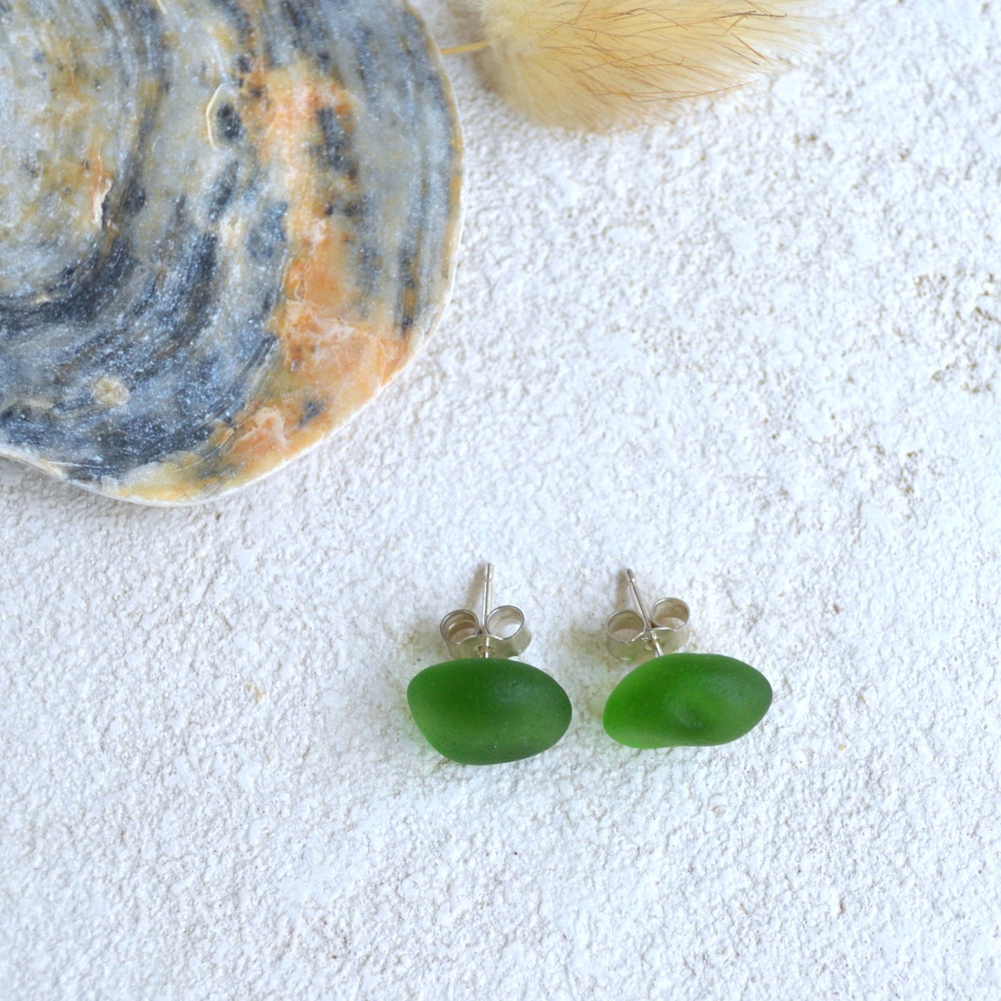 Green Sea Glass Stud Earrings