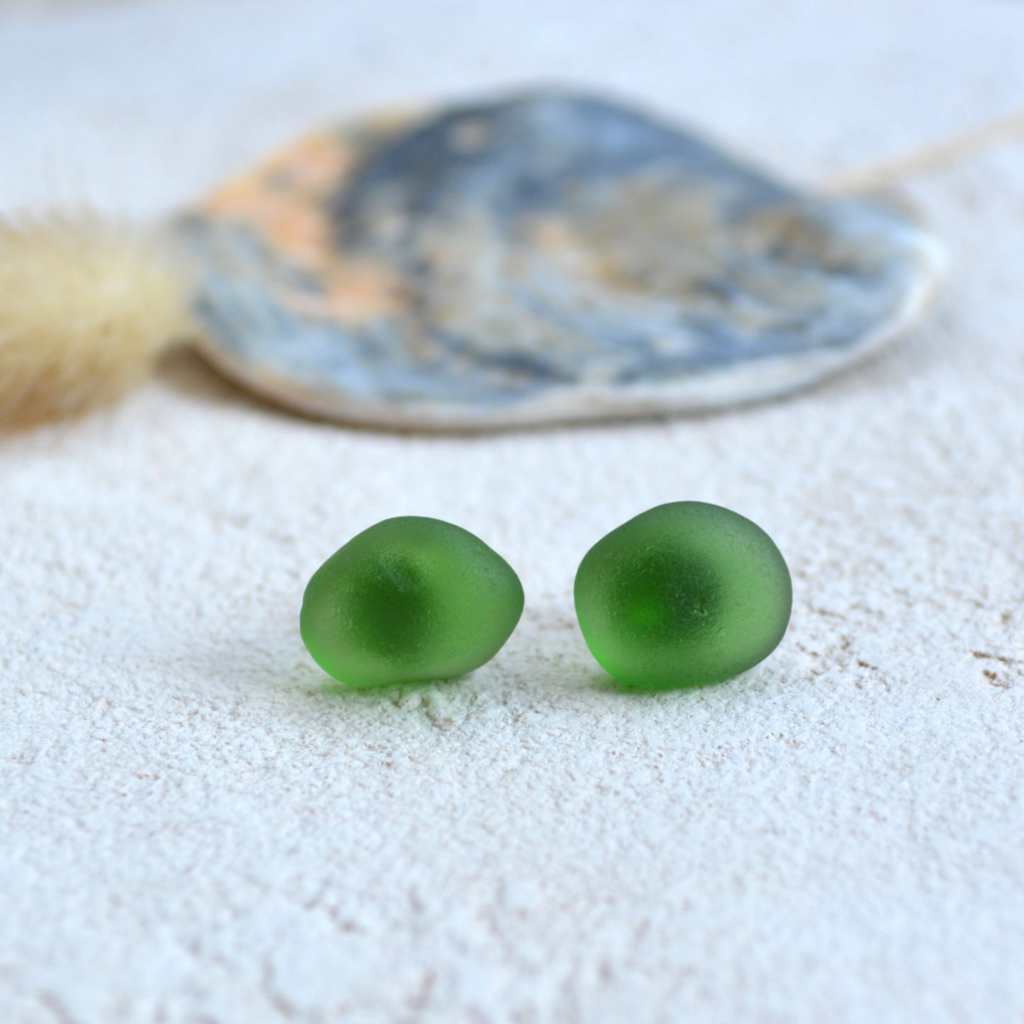 Green Sea Glass Stud Earrings