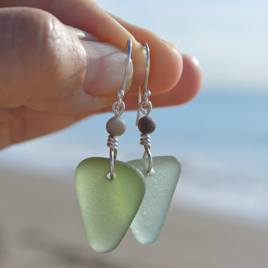 Mismatch Green Triangle Sea Glass Earrings