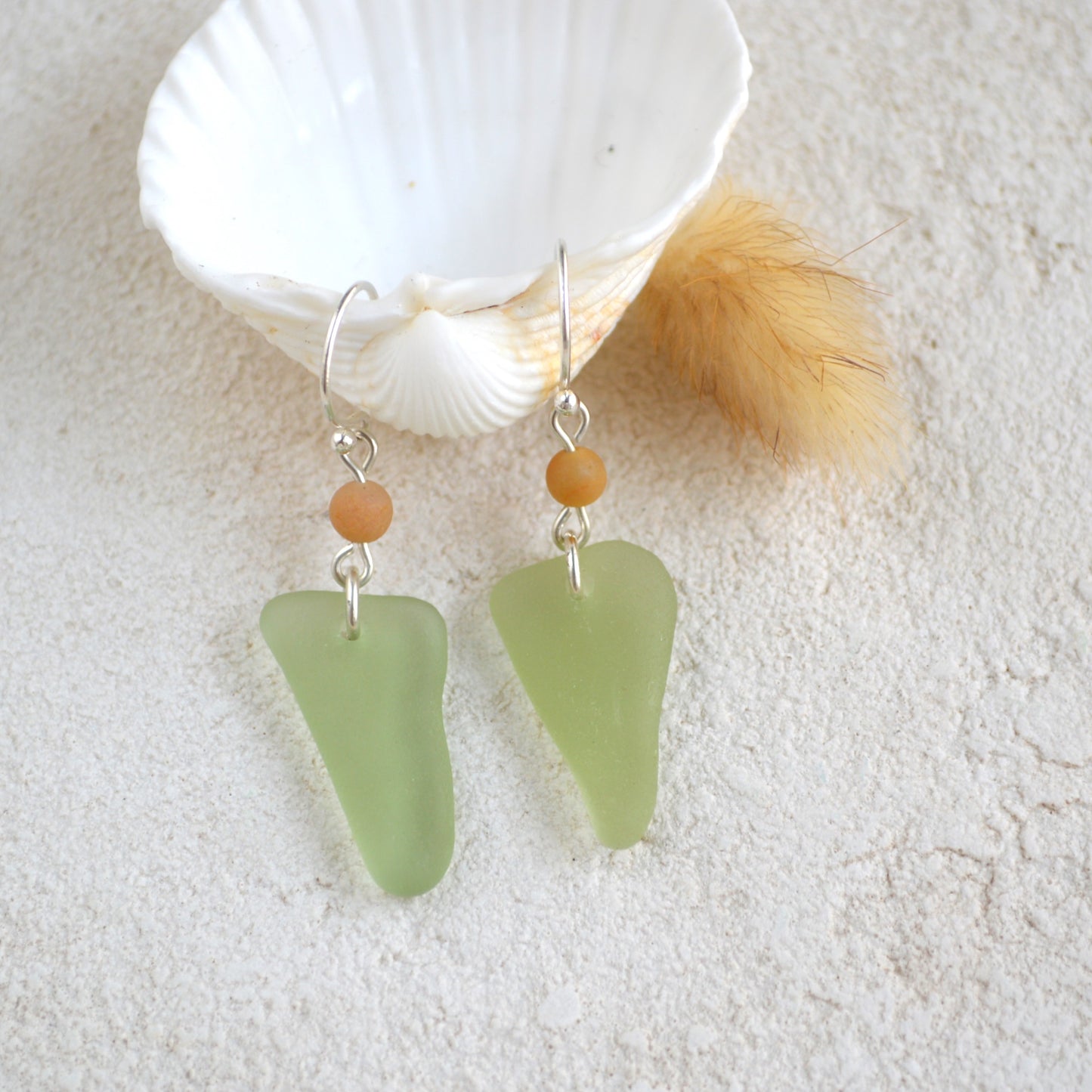 Pale Sage Green Triangle Sea Glass Dangle Earrings