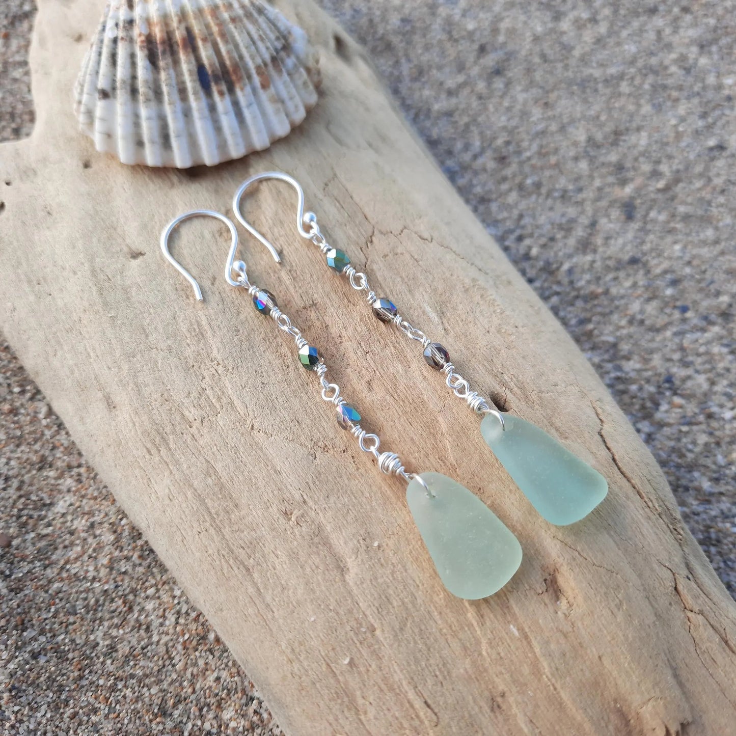 Sea Glass & Crystal Dangle Earrings