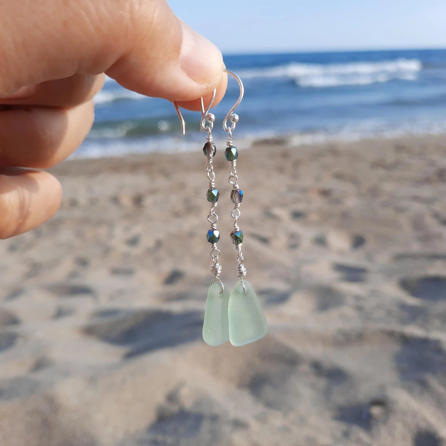 Sea Glass & Crystal Dangle Earrings