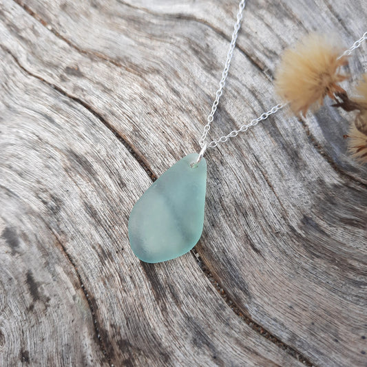 Teal Gray Sea Glass Pendant Necklace