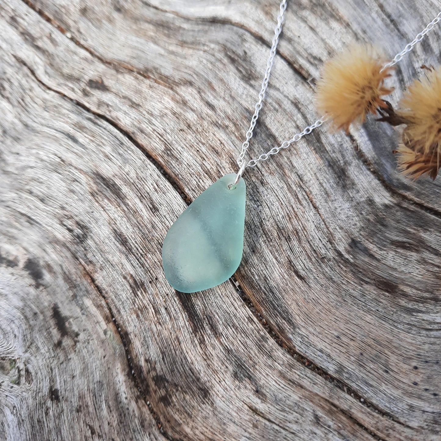 Teal Gray Sea Glass Pendant Necklace