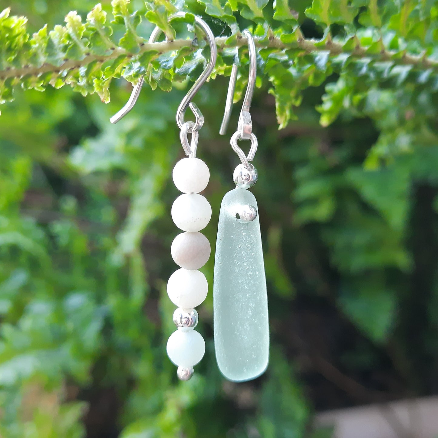 Sea Glass and Amazonite Mismatch Dangle Earrings