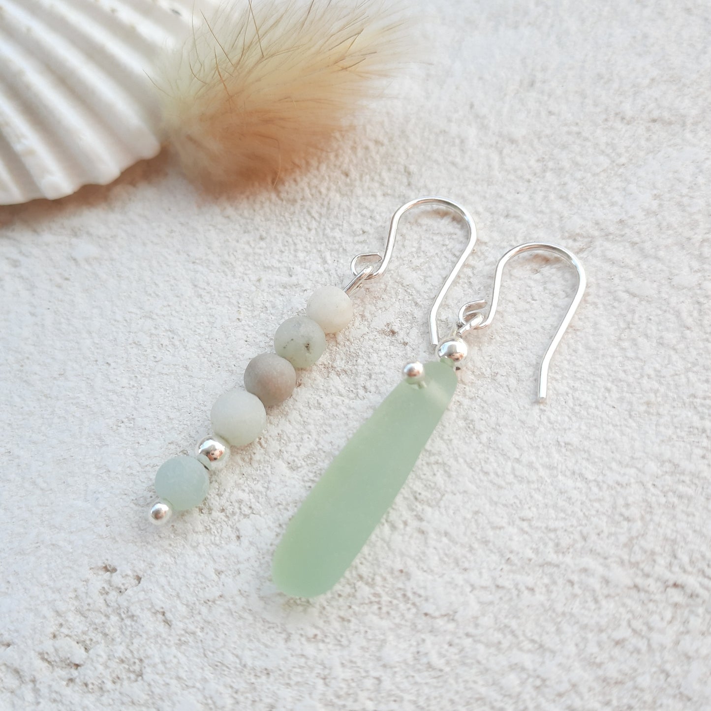 Sea Glass and Amazonite Mismatch Dangle Earrings