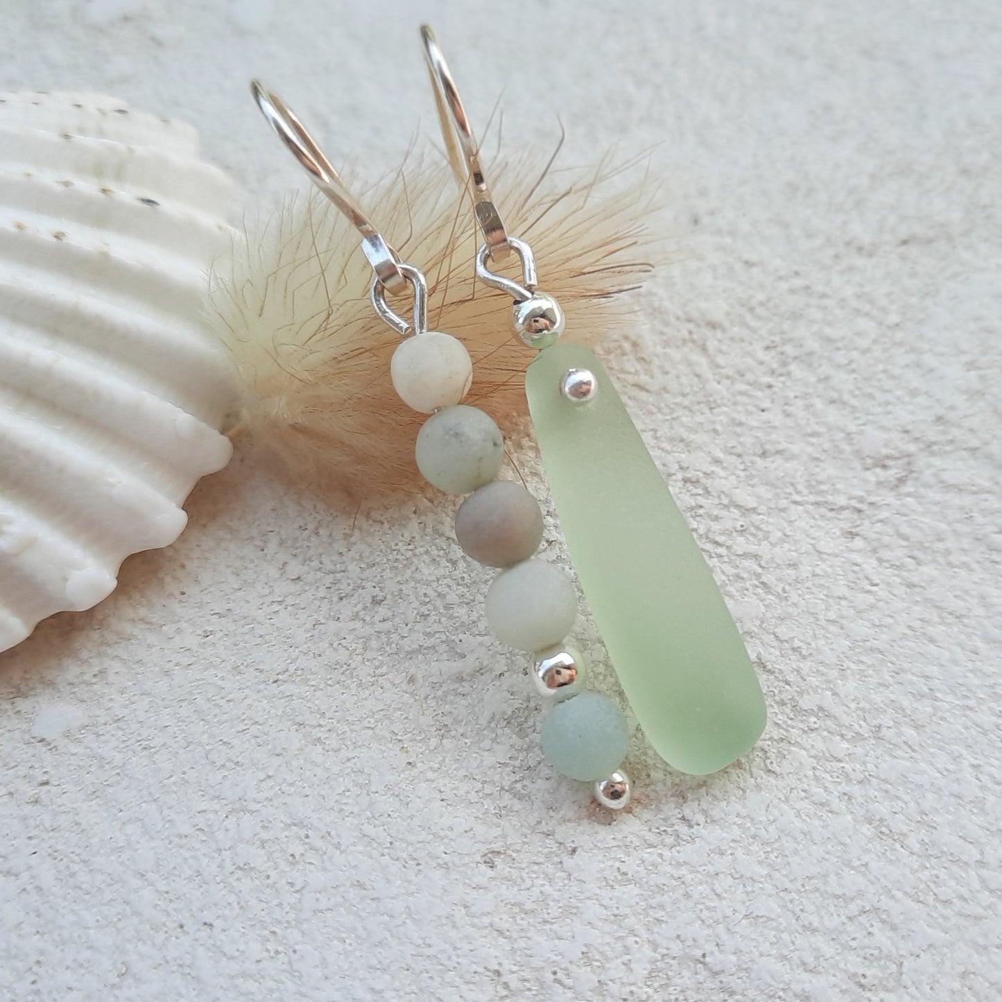 Sea Glass and Amazonite Mismatch Dangle Earrings