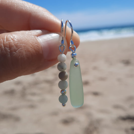 Sea Glass and Amazonite Mismatch Dangle Earrings