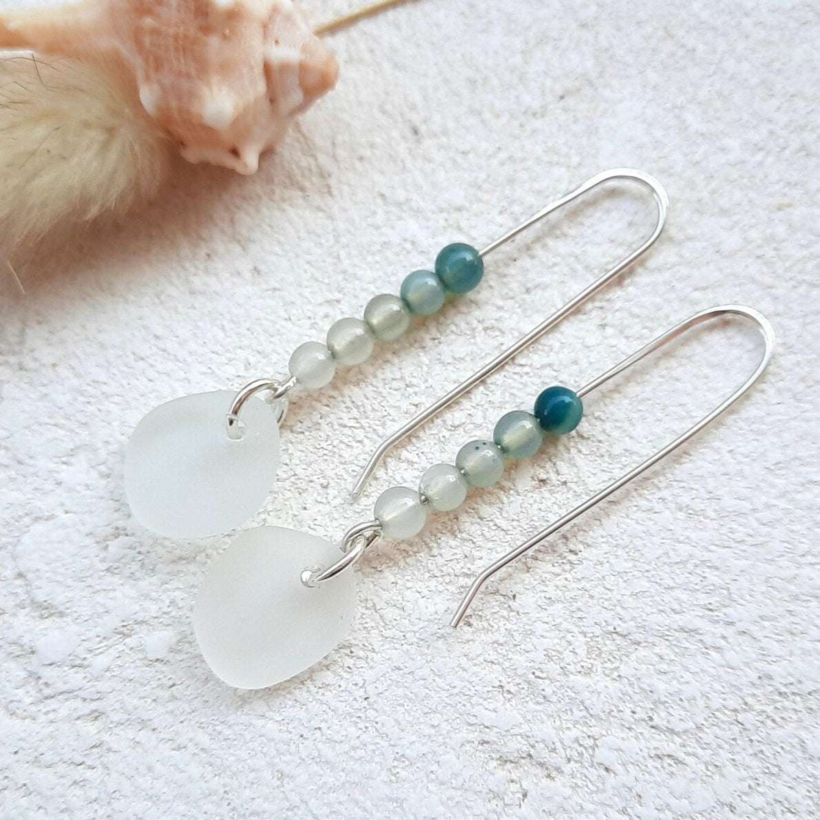 Sea Glass and Agate Threader Earrings