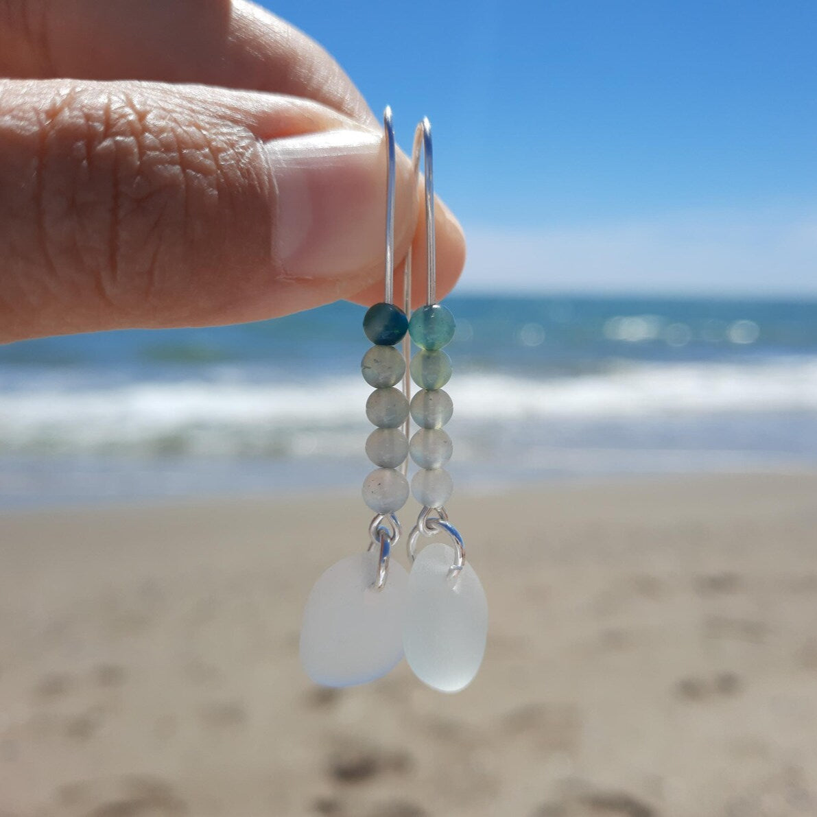 Sea Glass and Agate Threader Earrings
